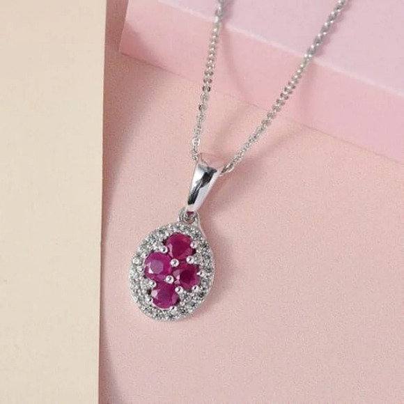 Natural Ruby & Natural White Zircon Style Necklace In 925 Sterling Silver - Picture 5 of 11